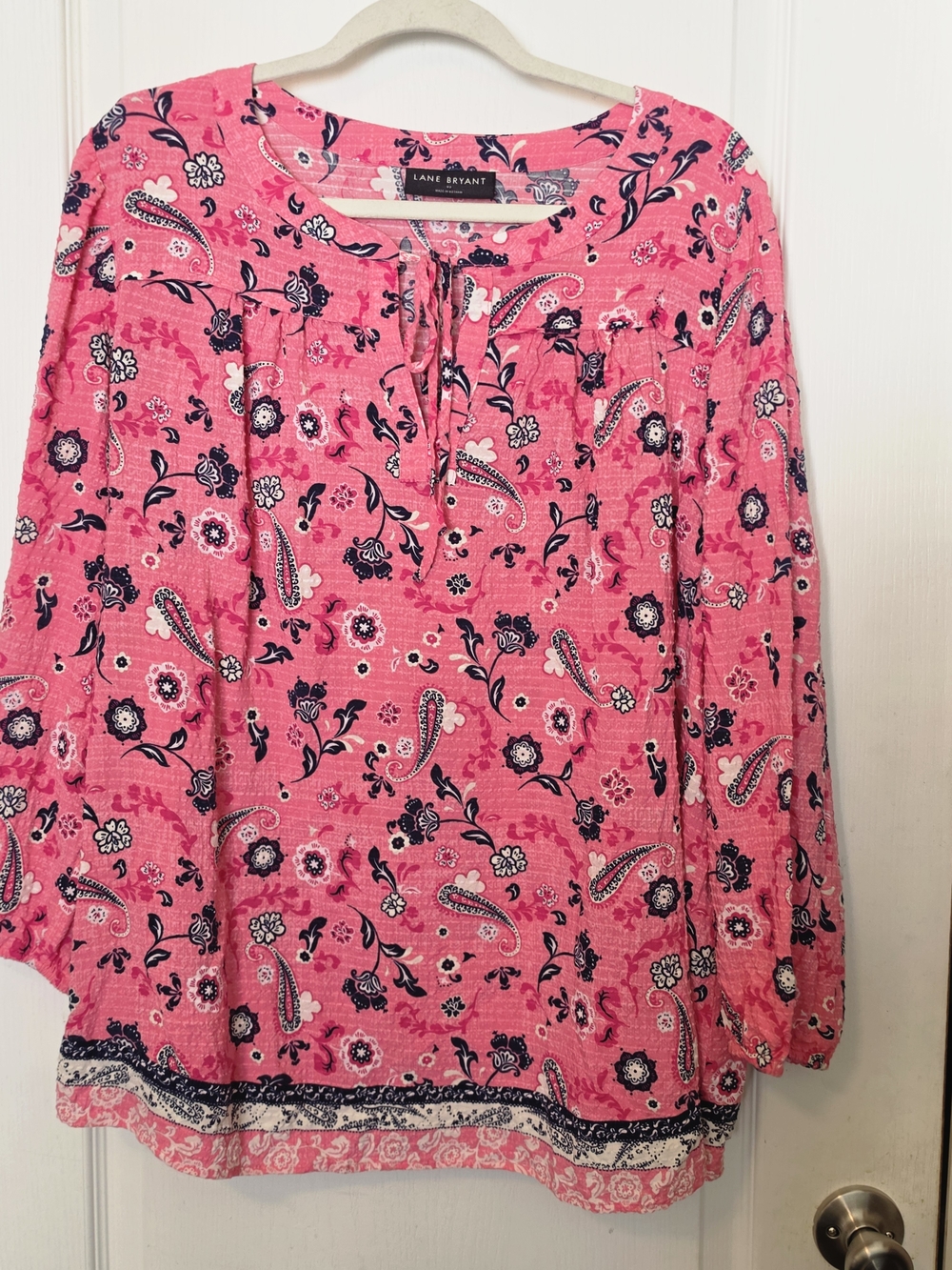 Lane Bryant Pink Paisley Tie-Neck Peasant Top